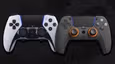A white and black DualSense Edge controller with a grey SCUF Reflex controller featuring blue lighting and orange rings around its thumbsticks next to it.