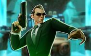 Agent Smith from MultiVersus holding a handgun in his right hand looking alert.