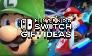 Nintendo Switch logo in white above "Gift Ideas" branding. This is in front of a close-up of Luigi and an image of Mario Kart on Rainbow Road in Mario Kart 8.