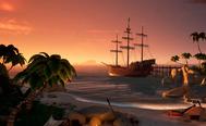 Sea of Thieves pirate ship next to island harbour with sunset in background