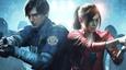 Leon Kennedy and Claire Redfield aiming pistols at a wave of zombies