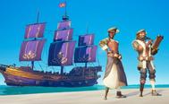 Sea of Thieves players standing on beach with pirate ship in background