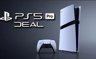 The white and black PS5 Pro next to its logo in white and "DEAL" branding just below.