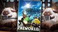 Palworld's cover art featuring "PALWORLD" branding in white below monsters holding weapons. Behind the cover art, a blurry image of three sheep-like monsters firing mounted machine guns.