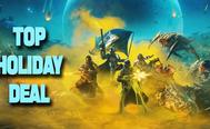 HELLDIVERS 2 cover art featuring soliders fighting off aliens while surrounded by yellow smoke. On the other side, "TOP HOLIDAY DEAL" branding in light blue.