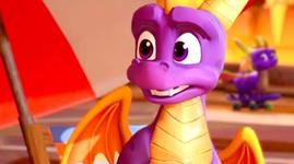 Spyro the Dragon surprised as a second Spyro skateboards past behind him