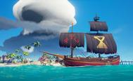 Sea of Thieves ship with island and dark cloud in background