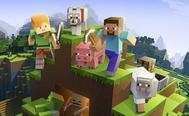 Minecraft players holding sword and pickaxe next to pig, sheep, and wolf