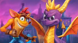 Crash Bandicoot and Spyro the Dragon in front of a mystical evil castle