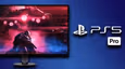 A black monitor with a red and blue Sci-Fi scene on the display next to PS5 Pro branding in white while sat in front of a gradient dark blue background.