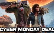 Star Wars Outlaws cover featuring a droid, a character in a blue jacket, and an alien creature above white "CYBER MONDAY DEAL" branding.