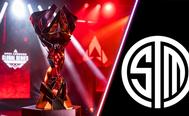 TSM logo on black background and Apex Legends ALGS trophy on red background