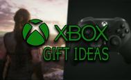 The green Xbox logo above "Gift Ideas" branding in front of two blurry images. One image is of the back of a character from Senua’s Saga: Hellblade II looking out over the horizon, the other is of a black Xbox Elite Series 2 controller.